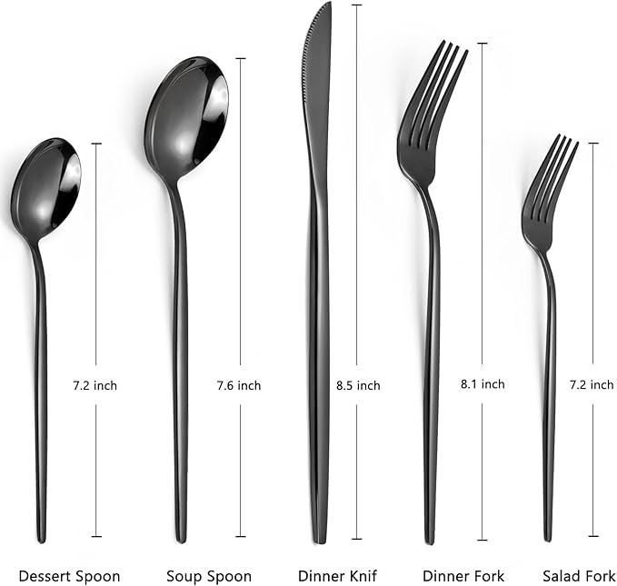 Black Silverware Set, KassKa 40 Pieces Flatware Cutlery Set, Stainless Steel Utensils Set Spoon Fork Knives Set for Home Restaurant and Kitchen, Mirror Polished Finished, Service for 8-Ruum Studio Home