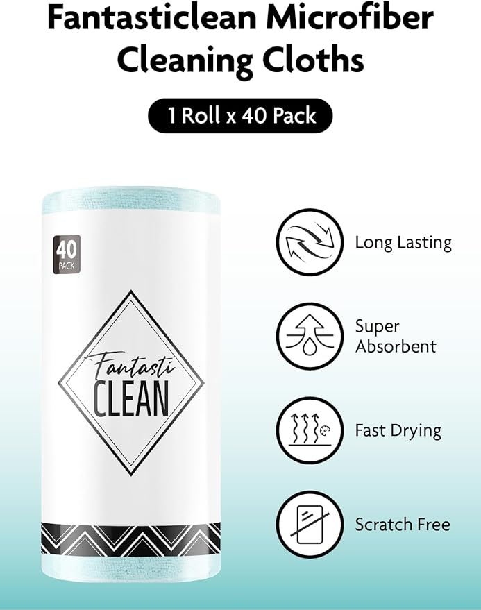 Fantasticlean Microfiber Cleaning Cloth Roll -40 Pack, Tear Away Microfiber Towels, 12" x 12", Reusable, Washable, Scratch Free, Ultra Absorbent Dish Rags for Car, Home, Garage or Shop (Blue)-Ruum Studio Home