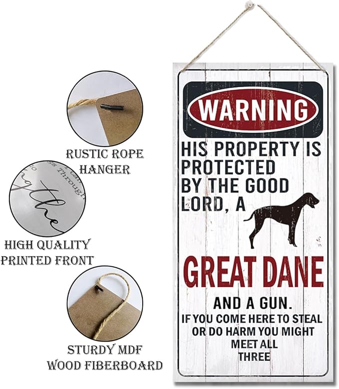 Warning Sign, This Property Is Protected By The Goodlord, A Great Dane And A Gun Warning Wood Plaque Sign, Funny Door Signs, Decorative Wood Hanging Suspension Plaque, Farmhouse Wooden Wall Decor-Ruum Studio Home