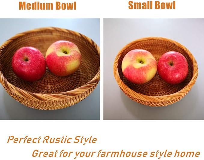 Set of 2 Round Rattan Bowl Baskets, 8 9 Inch Handmade Wicker Basket Tray with 3”Deep Wall, Decorative Woven Brown Bread Basket Fruit Bowl Table Key Holder, 2-Size-Ruum Studio Home