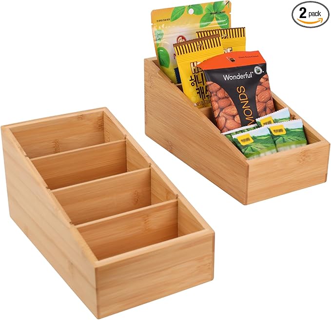 HTB 4-Section Snack Organizer with Removable Dividers for Kitchen, Cabinet, Office, Countertop, 2 Pack Bamboo Pantry Storage Organization for Spice Packets, Seasoning Pouches, Coffee Pods-Ruum Studio Home