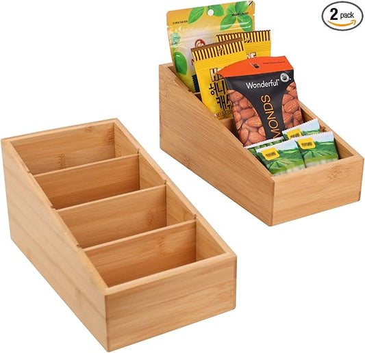 HTB 4-Section Snack Organizer with Removable Dividers for Kitchen, Cabinet, Office, Countertop, 2 Pack Bamboo Pantry Storage Organization for Spice Packets, Seasoning Pouches, Coffee Pods-Ruum Studio Home