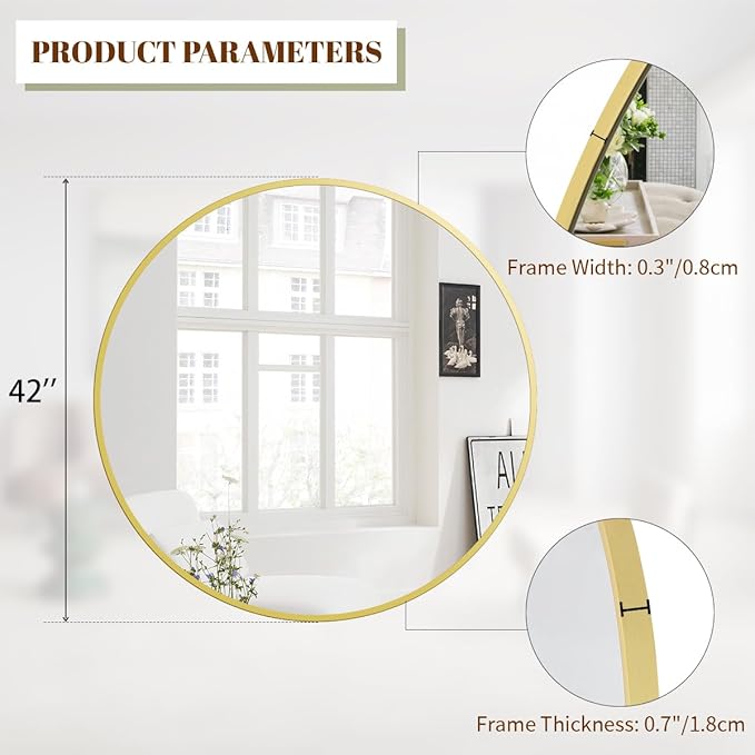 BEAUTYPEAK 42 Inch Round Mirror, Metal Frame Circle Mirror, Wall Mounted for Entryway, Bathroom, Vanity, Living Room, Gold-Ruum Studio Home