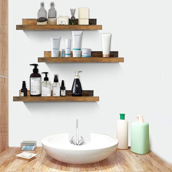 Giftgarden 16 Inch Floating Shelves for Wall Set of 3, Rustic Wall Mounted Picture Ledge Wooden Wall Shelf for Living Room Bedroom Kitchen Bathroom, 3 Different Sizes-Ruum Studio Home