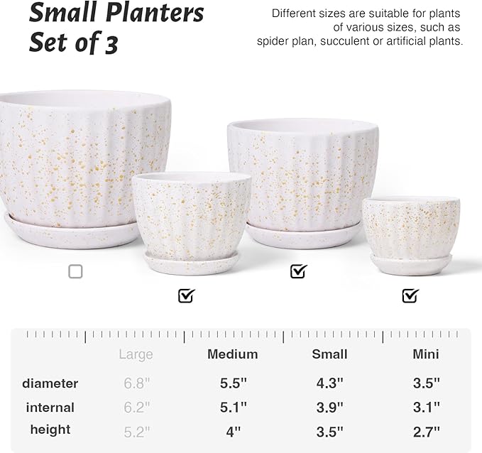 Ceramic Plant Pots with Drainage Holes and Saucers, Round Flower Pots for Indoor Plant, Diameter 3.3/4.3/5.5 Inches Small Flower Planters Set of 3-Ruum Studio Home