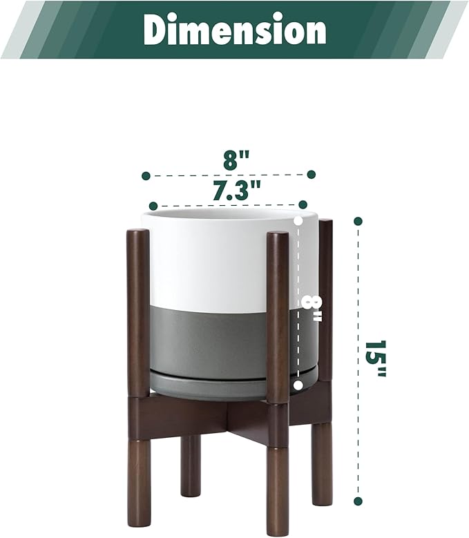 D'vine Dev Ceramic Planter with Walnut Color Stand - 8 Inch Modern Round Flower Pot with Wood Planter Holder, White/Grey, 55-B-Y-6-Ruum Studio Home