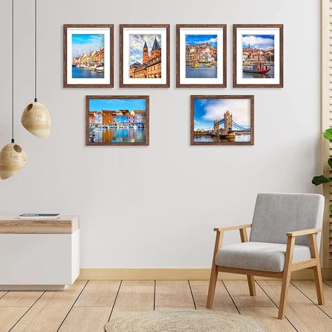 11x14 Picture Frame Set of 6, Display Pictures 8x10 with Mat or 11x14 Without Mat for Wall Mounting,Rustic Brown-Ruum Studio Home