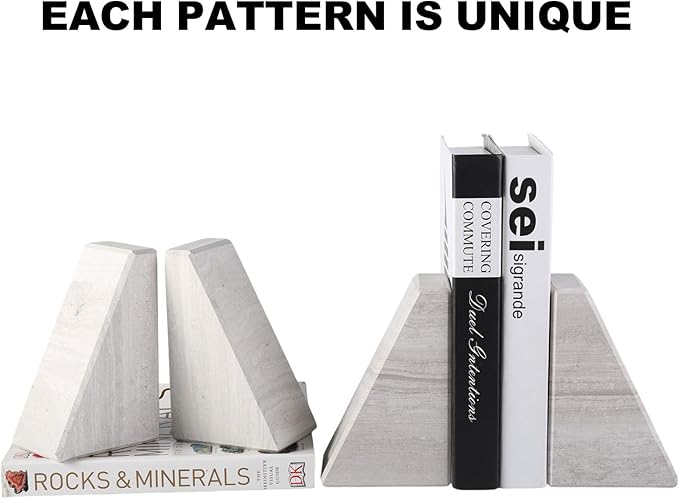 Marble Book Ends for Heavy Books, Decorative Bookends for Shelves, Durable and Heavy-Duty Bookends for Hardback Book & CDS, Off-White Unique Books Stopper & Holder, Set of 2-Ruum Studio Home