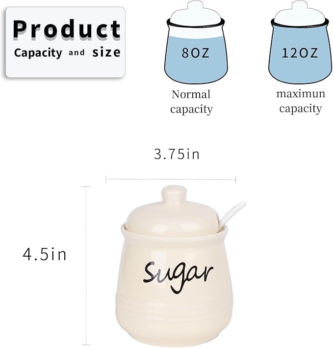 HAOTOP 12oz Sugar Bowl with Lid and Spoon,Ceramic Sugar Jar Sugar Dispenser Sugar Container Coffee Bar Accessories, Kitchen Countertop Canisters, Beige-Ruum Studio Home