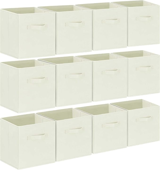 GhvyenntteS Storage Cubes 12 Pack, 11 Inch Cube Storage Bins with Dual Handles, Collapsible Fabric Storage Bins for Shelves Closet, Storage Baskets for Organizing Clothes, Bedding, Books, Beige-Ruum Studio Home
