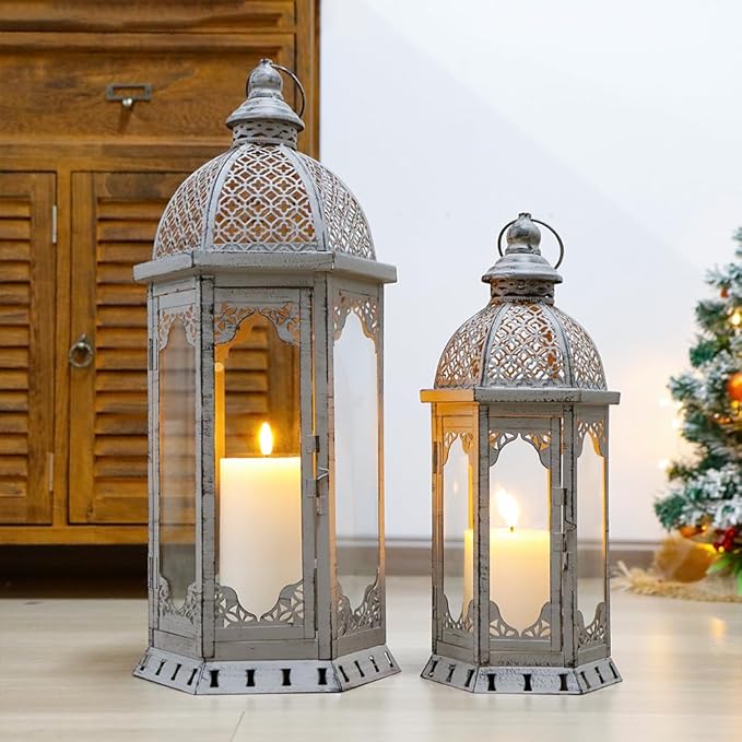 JHY DESIGN Set of 2 Decorative Candle Lanterns 22"&17" H Vintage Metal Candle Holder for Garden Indoor Outdoor Parties Weddings Patio Home Decor(Grey with Black Brush)-Ruum Studio Home