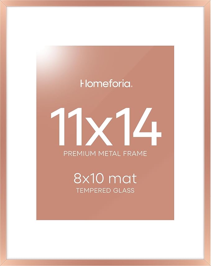 Homeforia 11x14 Picture Frame Rose Gold, High End Metal 11x14 Wall Hanging Frame with Mat 8x10, 11 x 14 Poster Frame Matted to 8 x 10 inch Photo, 11by14 Thin Frames, Tempered Glass, Wall Kit, Set of 1-Ruum Studio Home