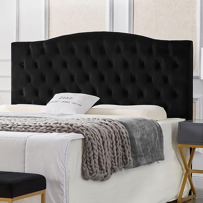 24KF Upholstered Tufted Button Velvet Headboard,Comfortable Fashional Headboard Queen/Full Size,Black-Ruum Studio Home