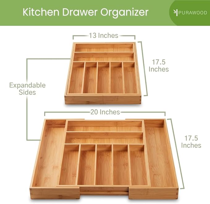 Purawood Bamboo Drawer Organizer - Expandable Silverware Organizer & Utensil Drawer Organizer, Cutlery Tray with Dividers, 7-9 Slots- Kitchen Organizer for Utensils & Flatware (Natural)-Ruum Studio Home