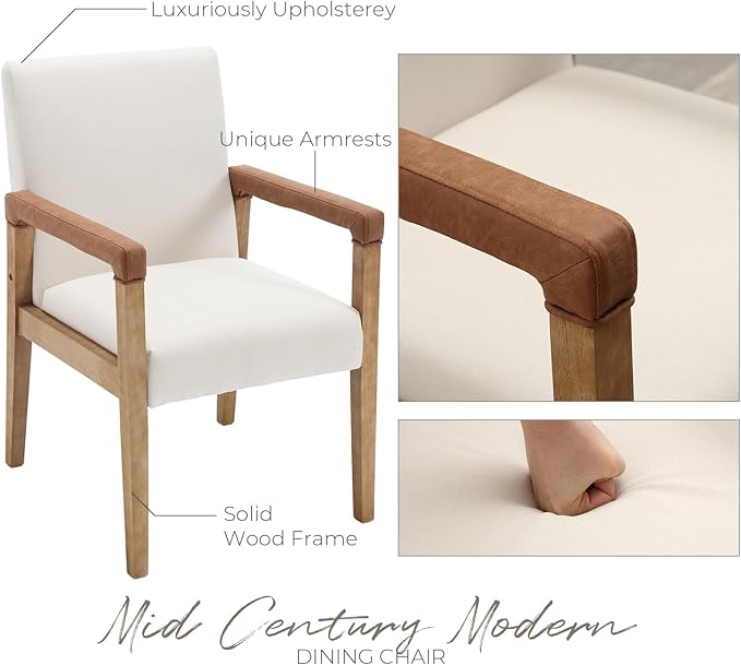 Mid Century Modern Dining Chairs Set of 4 Fabric Upholstered Living Room Side Chair, Kitchen Arm Chair with Solid Wood Legs for Home Restaurant, Linen White-Ruum Studio Home