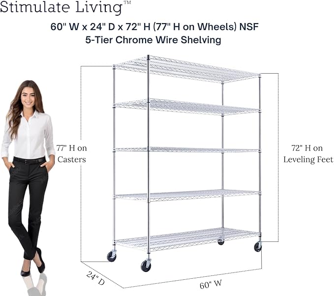 60"x24"x72" PRIME HEAVY DUTY Chrome 5-Tier Wire Shelving NSF 3000 LBS MAX Capacity Storage Rack for Commercial, School, Home, Garage, Warehouse, Industrial, and Hospital Uses (with Wheels)-Ruum Studio Home