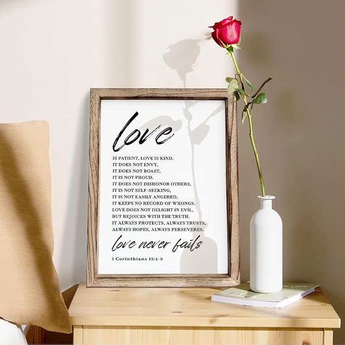 Love Wood Signs, Christian Wooden Wall Sign, Master Bedroom Signs, Inspirational Christian Gift, Home Decor, Framed Wall Plaque Sign 15 * 11.5 inches, Love is the Patient-Ruum Studio Home