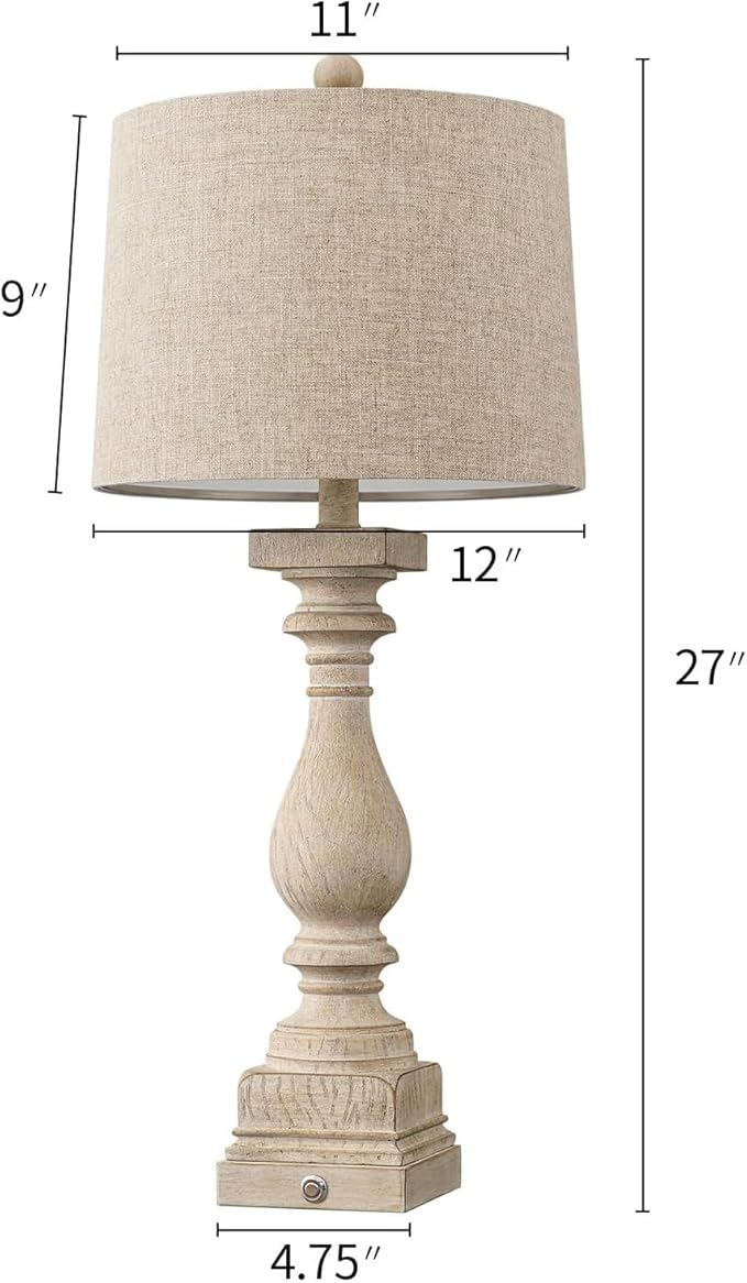 BOBOMOMO 27" Farmhouse 3-Way Dimmable Touch Control Table Lamp Set of 2 with USB A &USB C Charging Ports for Bedroom Living Room Vintage Rustic Traditional Nightstand Bedside Lamps (2 Bulbs Included)-Ruum Studio Home