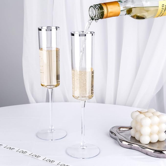 Ciaell 24 Pack Silver Plastic Champagne Flutes - 6 Oz Disposable Champagne Glasses - Square Silver Rim Plastic Toasting Glasses for Party Birthday Anniversary Wedding-Ruum Studio Home