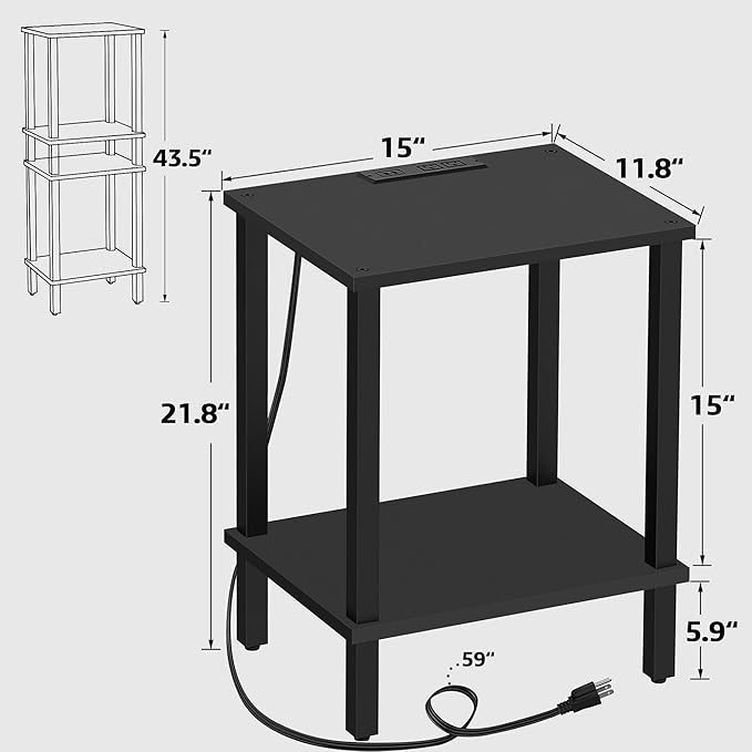 TUTOTAK End Table with Charging Station, Side Table with USB Ports and Outlets, Nightstand, 2-Tier Storage Shelf, Sofa Table for Small Space TB01BK040-Ruum Studio Home