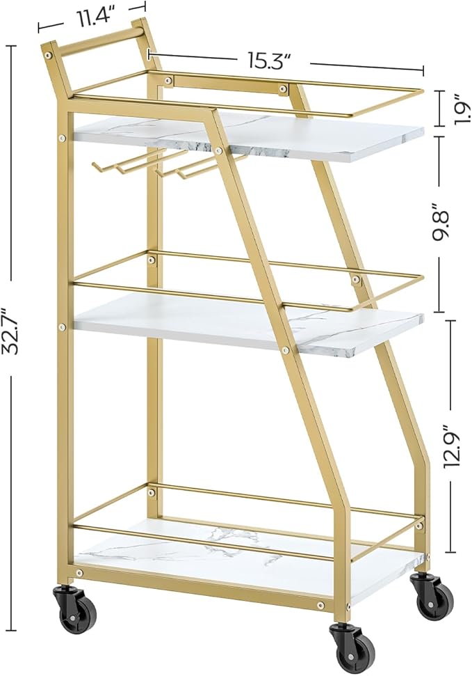 Bar Cart, Gold Bar Cart for The Home, Small Bar Cart on Wheels, Beverage Cart, Home Bar Serving Cart with Glass Holder, Drink Cart for Bar, Kitchen, Dining, Marble White and Gold BC03DW-Ruum Studio Home