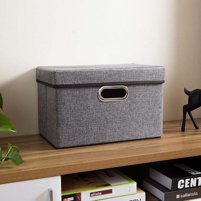 PRANDOM Foldable Storage Boxes with Lids [1-Pack] Linen Fabric Collapsible Storage Bins Organizer Containers Baskets Cube with Cover for Home Bedroom Closet Office Nursery (14.9x9.8x9.8)-Ruum Studio Home