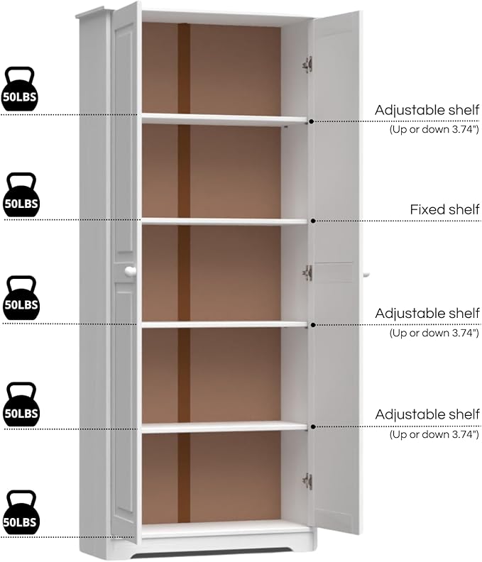 Pantry Cabinet Storage Cabinet with 2 Doors Solid Wood - Adjustable Shelves for Kitchen, Dining Room, or Utility Room Organization-Ruum Studio Home