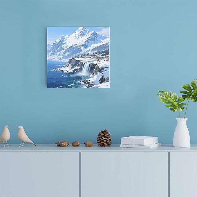 Winter lakeside town and snowy scenery merge together to form a landscape poster wall art suitable for living room bedroom and office-Ruum Studio Home