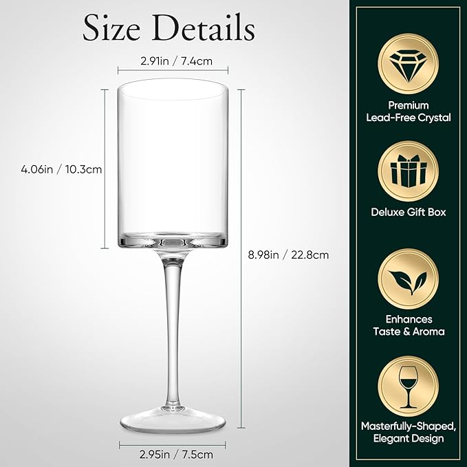 Premium Crystal Wine Glasses - Hand Blown, Thin Rim, Long Stem, Square Unique Design - Set of 4, 15oz - Perfect for Men or Women, Wedding, Anniversary, Christmas, Birthday Gift-Ruum Studio Home