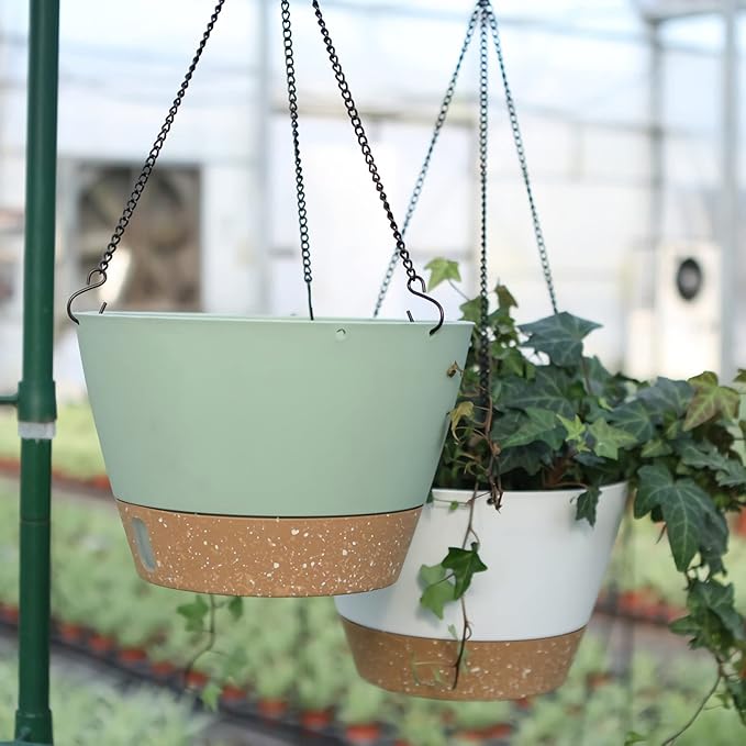ZMTECH 2 Pack 10 Inch Hanging Planters for Outdoor Plants, Hanging Pots for Plants Indoor with Visible Water Level, Hanging Flower Basket with Drainage Holes & Removable Tray(Green)-Ruum Studio Home
