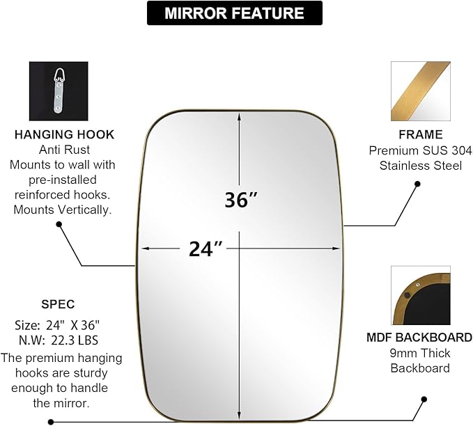 ANDY STAR Gold Oval Mirrors for Bathroom, Large 24x36’’ Brushed Gold Metal Framed Oblong Wall Mirror, Modern Brass Vanity Mirror in Stainless Steel Frame Wall Mount Horizontal or Vertical-Ruum Studio Home