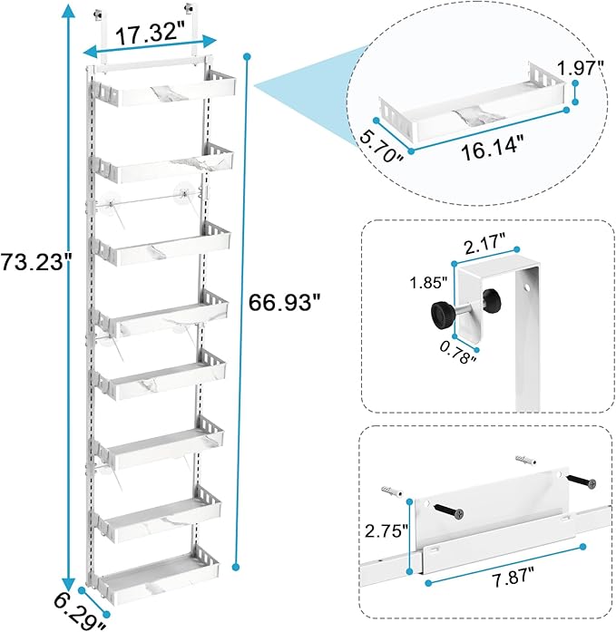 bukfen Over the Door Pantry Organizer,8-Tier Adjustable Basket Kitchen Pantry Door Organization and Storage, Heavy-Duty Metal Hanging Kitchen Spice Rack,D6.3 x W17.32 x H66.93 inch,White Marble Color-Ruum Studio Home
