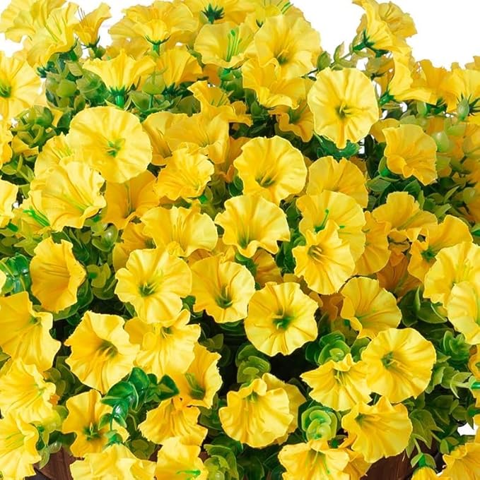 Artificial Fall Flowers Fake Hanging Plants Flowers Basket for Outdoors Autumn Decoration, Yellow Silk Morning Glory with Eucalyptus Look Real UV Resistant Faux Flowers for Outside Porch Patio Balcony-Ruum Studio Home