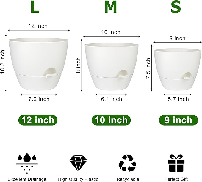 Plant Pots 12/10/9 Inch Self Watering Pots, Set of 3 Plastic Planters with Drainage Holes and Saucers,Plastic Flower Pots,Nursery Planting Pot for Indoor Out Door Plants(Pure White)-Ruum Studio Home