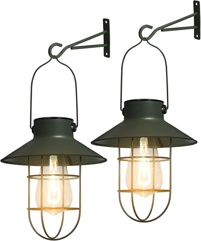 pearlstar Solar Lanterns Outdoor Metal Solar Powered Hanging Lights Waterproof for Wall Barn Yard Garden Patio Garage Balcony Porch Fence Decor, Warm White Edison Bulb (Green-2pack)-Ruum Studio Home