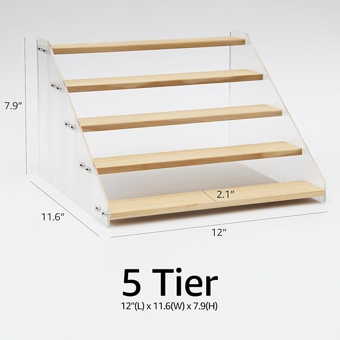 nianfeng Tiered Spice Rack, 5-Tier Spice Pantry Kitchen Cabinet Organizer, 12-Inch, Natural Wood Acrylic Stair Riser Stand, Countertop Seasoning Shelf-Ruum Studio Home