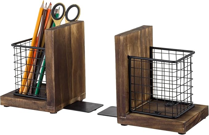 MyGift Rustic Burnt Wood Decorative Bookends for Heavy Books with Matte Black Metal Wire Basket Pencil Cup and Office Supplies Storage Baskets, 1-Pair-Ruum Studio Home