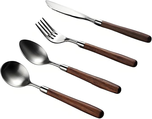 Silverware Set 16 Piece Flatware Cutlery Set Service for 4,18/10 Stainless Steel Forged Walnut Wooden Handle Matte Brushed Dishwasher Safe Premium Durable Utensil Sets for Home Kitchen Wedding-Ruum Studio Home