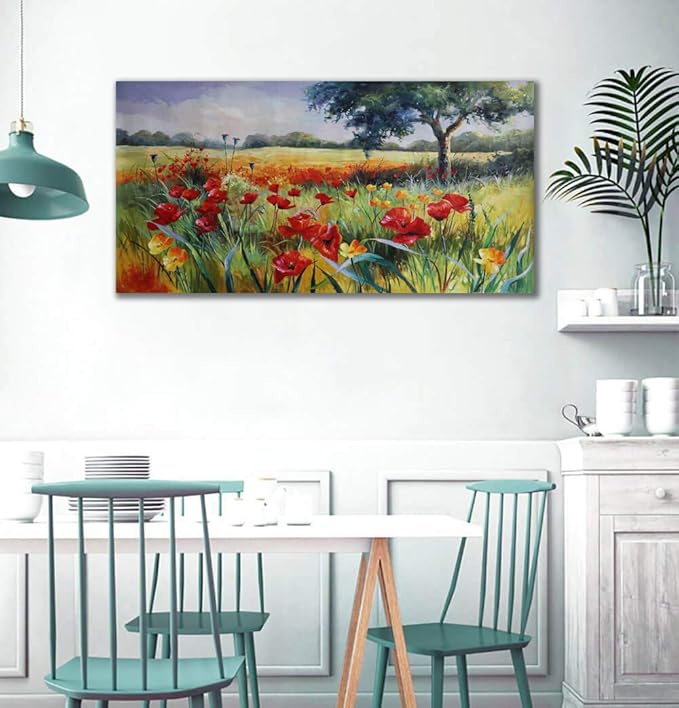 Wall Decor for Living Room Large Wall Art Green Trees Red Yellow Flowers Canvas Art Wall Decor for Bedroom Modern Home Decor Framed, Nature Prints Artwork Wall Decorations 24x48-Ruum Studio Home