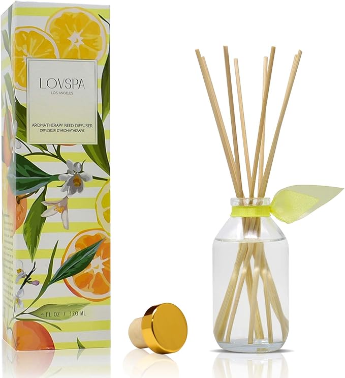 LOVSPA Reed Diffuser Set, Sunshine & Lemons Scented Oil Diffuser with Sticks, Home Fragrance Accessories for Bathroom Shelf Decor, Aroma Diffusers for Home or Office Desk, USA Made-Ruum Studio Home