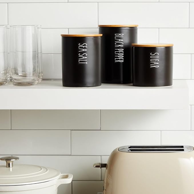 Farmlyn Creek Set of 3 Matte Black Kitchen Canister with Airtight Wooden Bamboo Lids, Kitchen Counter Containers, Food Storage Jars, Ideal for Storing Sugar, Coffee and Other Dry Goods, (3 Sizes)-Ruum Studio Home