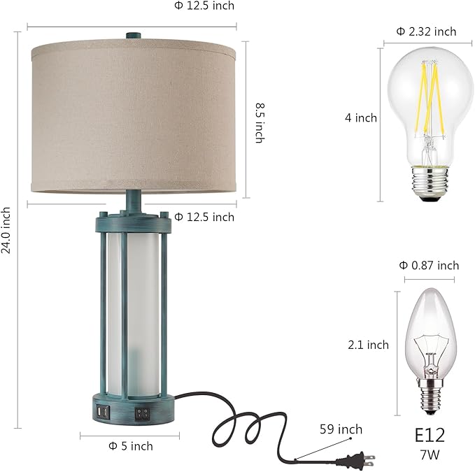 RORIA Set of 2 Rustic Table Lamps for Living Room with 2 USB Ports, Farmhouse Vintage Nightstand Lamp with White Glass Nightlight, Retro Desk Lamps for Bedroom End Table, Bulbs Included(Retro Green)-Ruum Studio Home