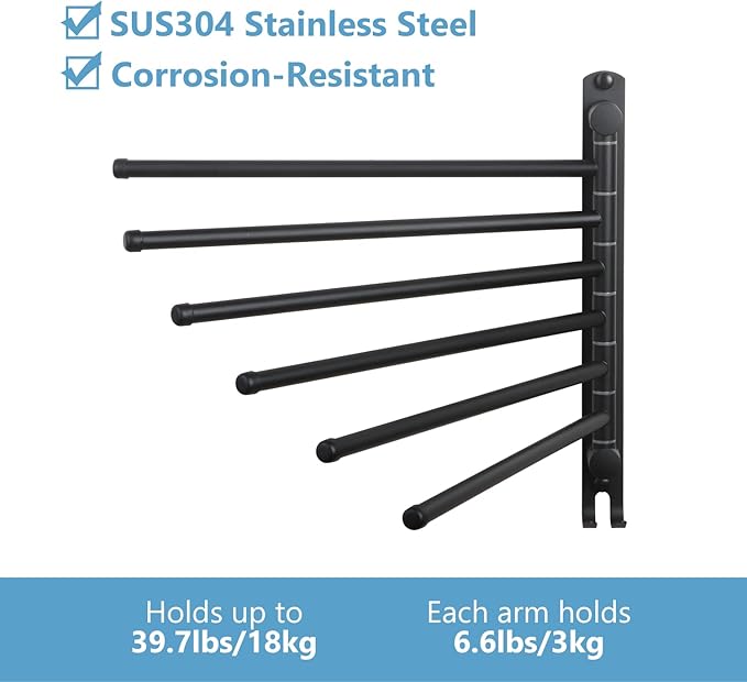 Space Saving Towel Rack JSVER Black Space Saving Towel Holder, Towel Rack Wall Mounted, Swivel Hand Towel Holder, 6-Arms Towel Bar, Towel Racks for Bathroom-Ruum Studio Home