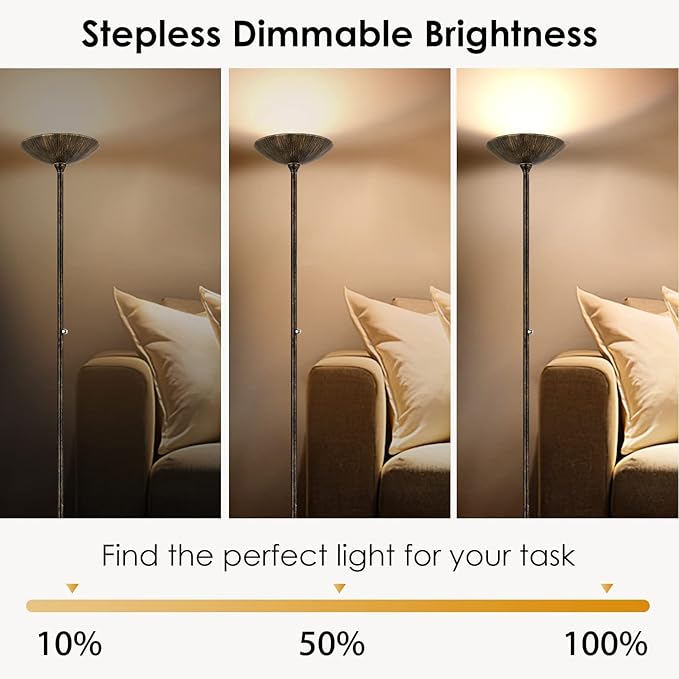 BoostArea Torchiere Floor Lamp Antique Bronze, 24W Super Bright LED Standing Lamp, 3000K Dimmable Pole Lamp with Rotary Switch, 70 Inch Tall Metal Modern Floor Lamps for Living Room/Bedroom/Office/Den-Ruum Studio Home