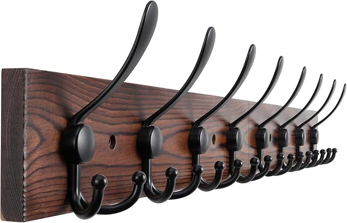 32.2'' Large Coat Rack Wall Mount Coat Hooks Coat Hanger with 8 Metal Black Triple- Hooks Brown Pine Real Wood Plank Hat Rack for Wall Hooks for Hanging Coat Hat Jacket-Ruum Studio Home