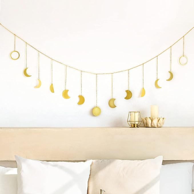 Mkono Moon Phase Wall Hanging Boho Aesthetic Room Decor Metal Moons Garland Hanging Art Bohemian Home Decoration for Girls Room Nursery Bedroom Livingroom Dorm, Ideal, Gold, 55"-Ruum Studio Home