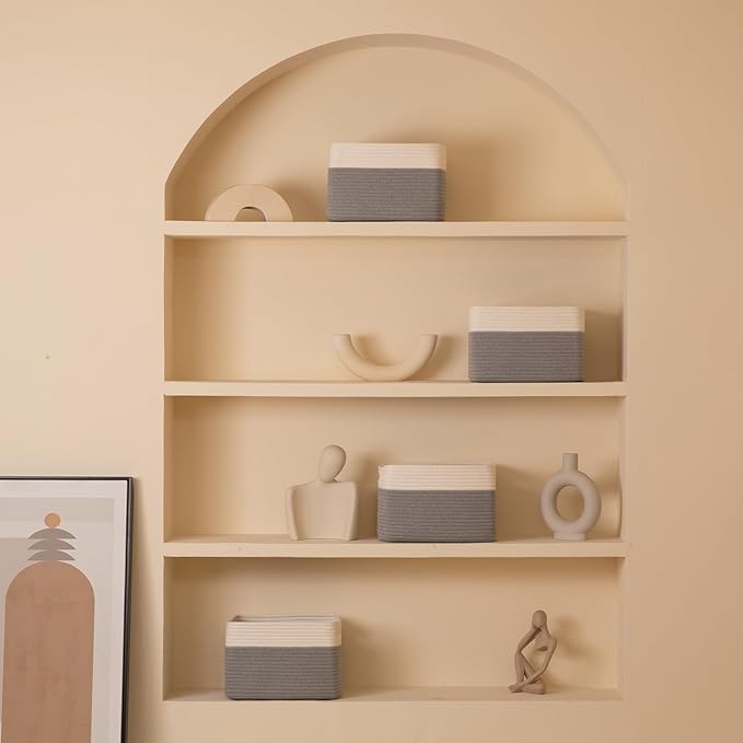 4 Pack Storage Baskets for Organizing, Woven Baskets for Shelves - Perfect for Toys, Books, Towels, and Clothes, Durable Gift Basket Bins Toy Storage, 12.7''L x9''W x7.8''H, Grey and White-Ruum Studio Home