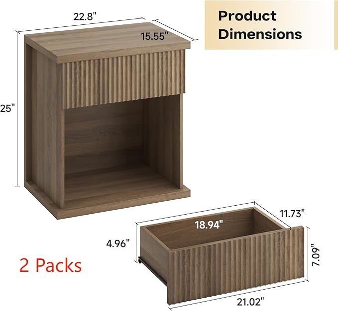 Fluted Nightstand Set of 2, 22.8" Wide Nightstands with Drawer Storage Large Wood BedsideTable Night Stands for Bedroom, Natural Oak-Ruum Studio Home
