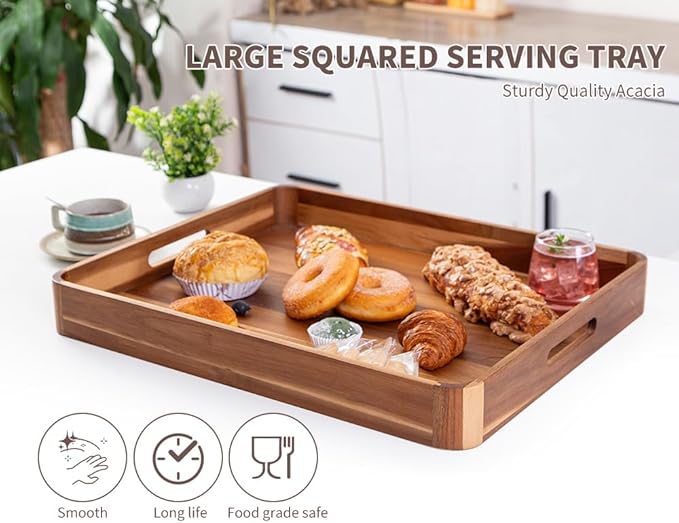 Large Wooden Ottoman Tray, Great 22"x18" Rectangle Trays for Big Ottoman Counter, Huge Kitchen Wood Serving Tray Round Corner, Living Room Coffee Table Decor Centerpiece Organizer Trays-Ruum Studio Home