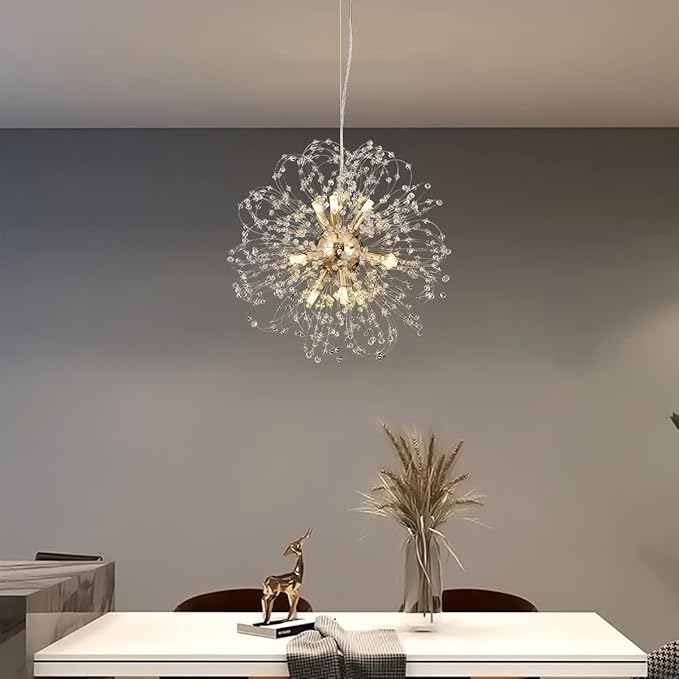 Modern Sputnik Chandeliers for Dining Room, Gold Dandelion Ceiling Hanging Lamp, Round Crystal Beaded Pendant Lights for Bedroom Living Room Farmhouse Kitchen Island (Gold 9Lights)-Ruum Studio Home